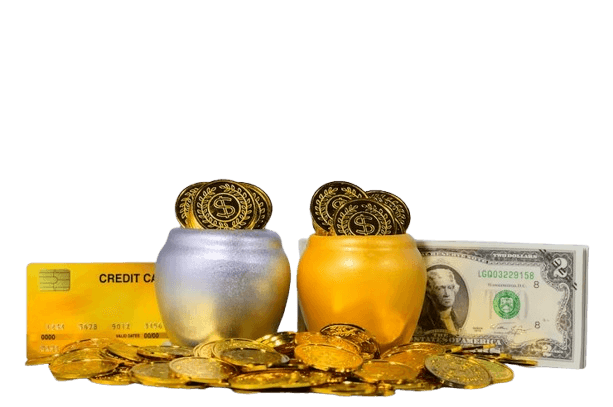 mix of banknotes, coins, and gold accessories.